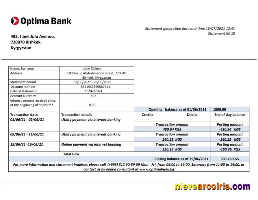 Kyrgyzstan Optima Bank statement